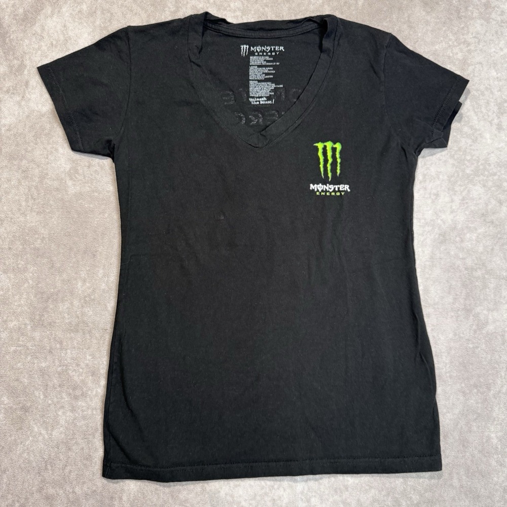 Y2K Monster Energy Drink Womens Size Large Faded Spell Out V-Neck T-Shirt Black*
